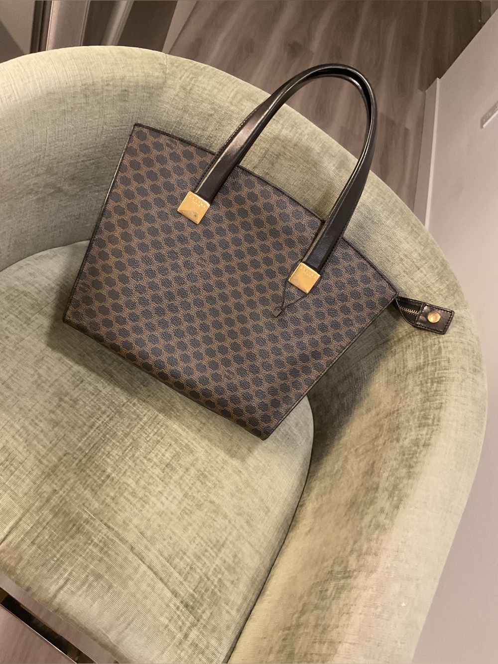 Classic Brown Patterned Tote with Black Handles and Gold Accents Celine